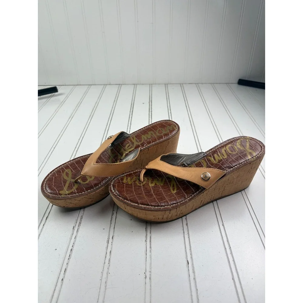 Sam Edelman Tan Leather Cork Romy Wedge Thong Platform Sandals Women's Size 7.5